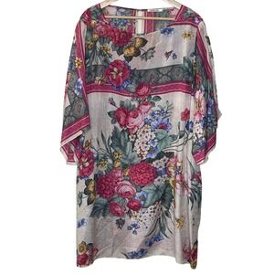 Johnny‎ Was XL Silk Kaftan Top Tunic Blouse Floral Print Kimono Sleeve